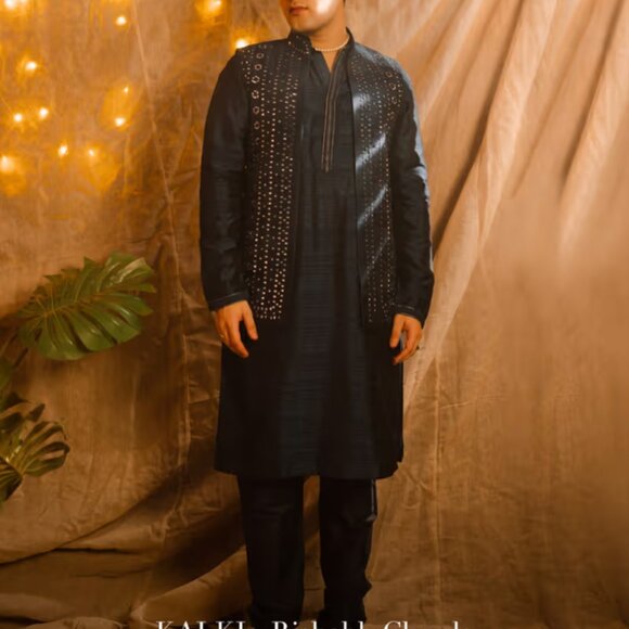 BRAND NEW Navy Blue Nehru Jacket And Kurta Set KALKI Size 38/M - Picture 2 of 6